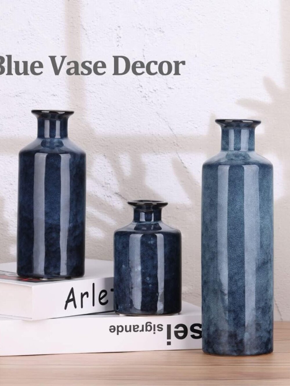 Blue Ceramic Vase Set - 3 Blue Small Vases, Farmhouse Country Flower Vase Home D - Picture 8 of 9